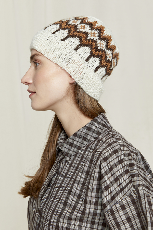 Fairisle Hand-Knitted Hat in Cream Wool