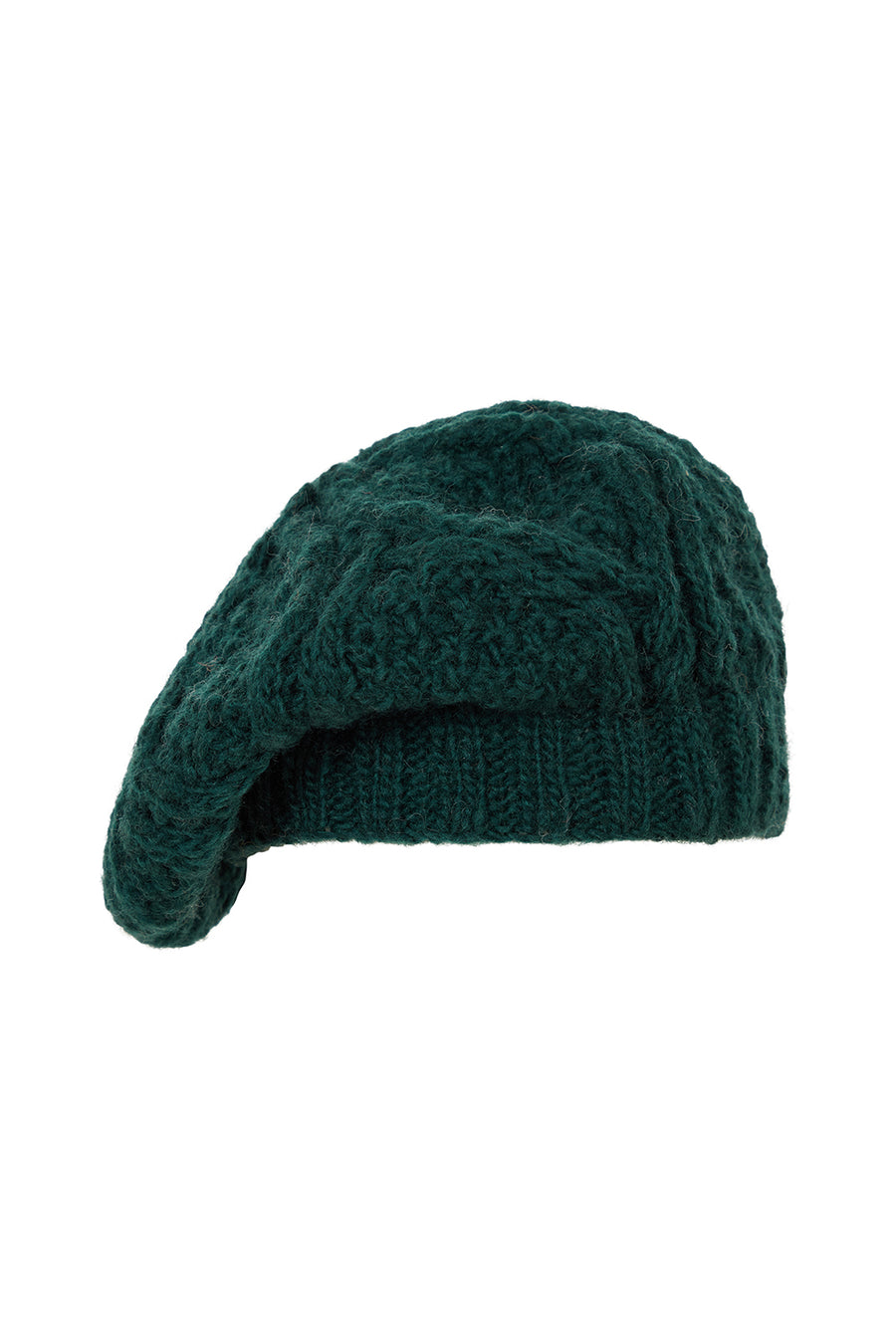 Diamond Hand-Knitted Beret in Dark Green Wool