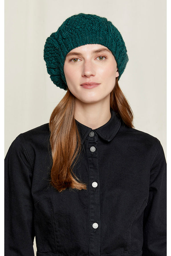 Diamond Hand-Knitted Beret in Dark Green Wool