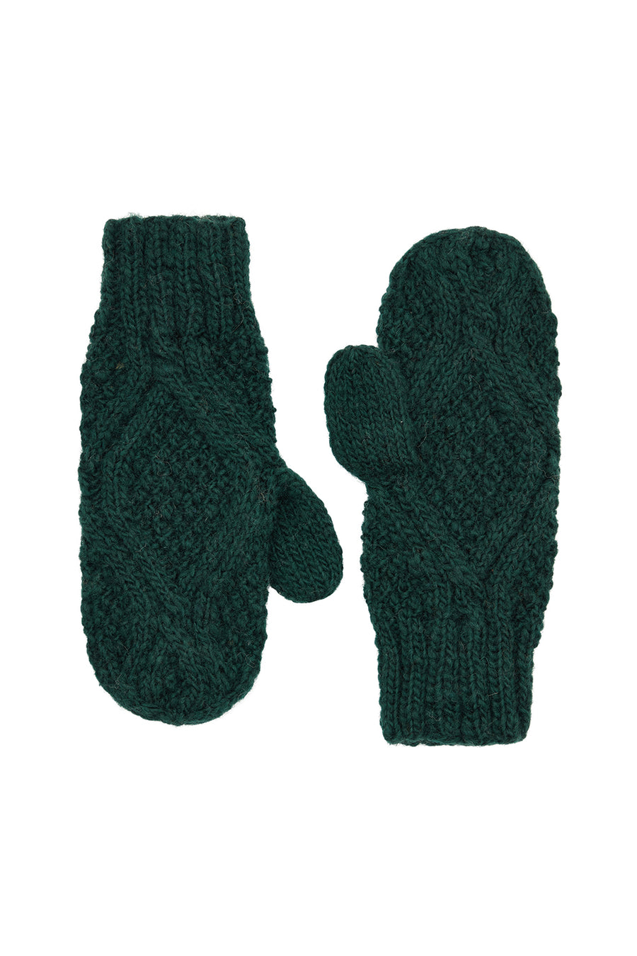 Diamond Hand-Knitted Mittens in Dark Green Wool