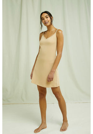 Lace Trim Slip Dress / Beige, XS